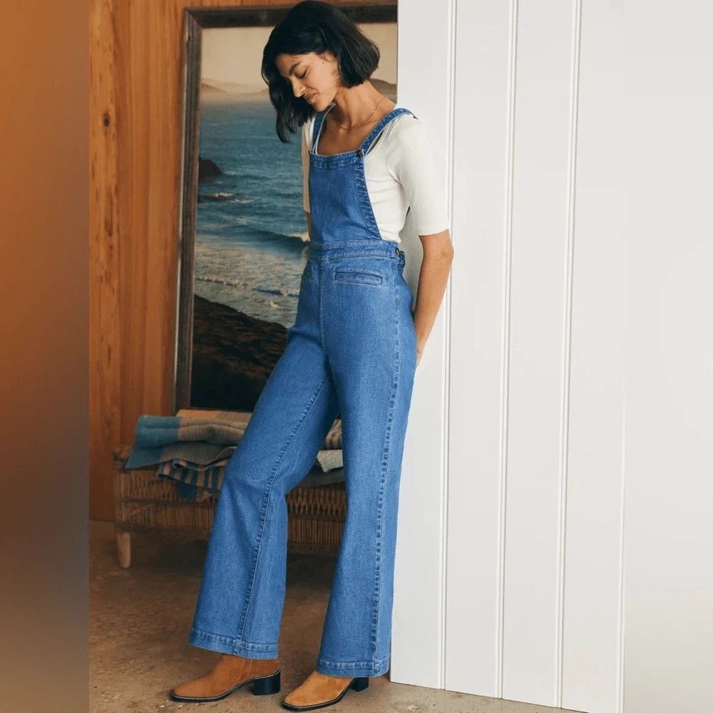 The Faherty Brand Women's Sienna Denim Overalls Jumpsuit Size 4 Wide Leg Organic